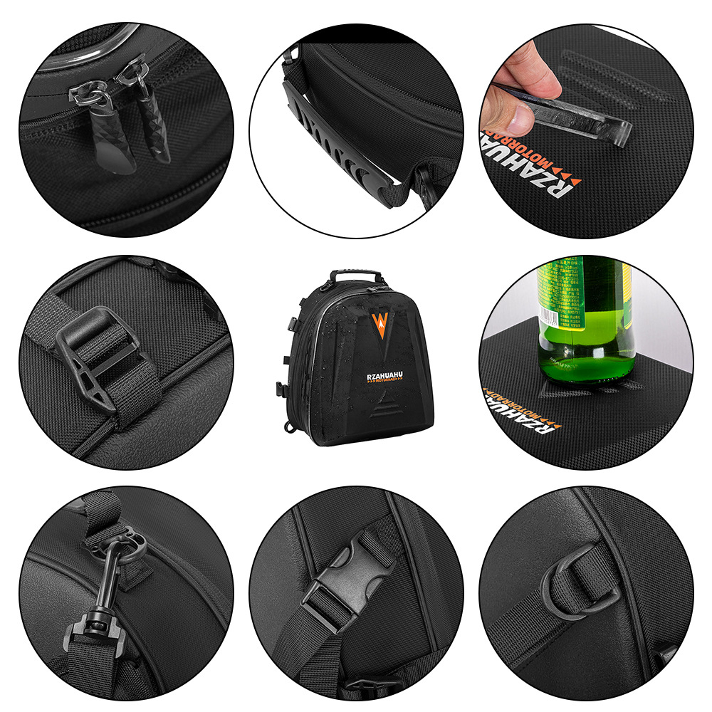 Close-up of EasyRide helmet storage tail bag showing high-quality stitching, durable zippers, and PU leather texture.