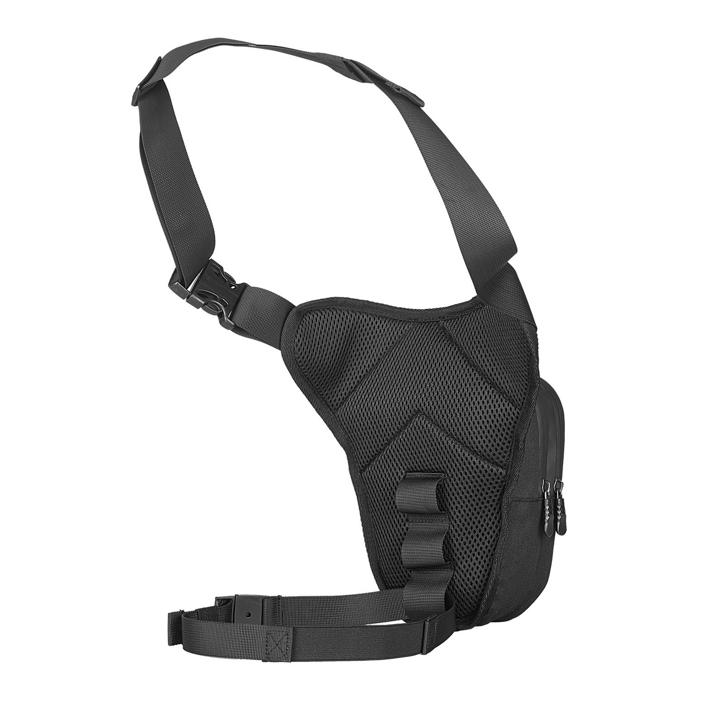 Back view of EasyRide motorcycle leg bag showing adjustable thigh and waist straps with breathable padding.