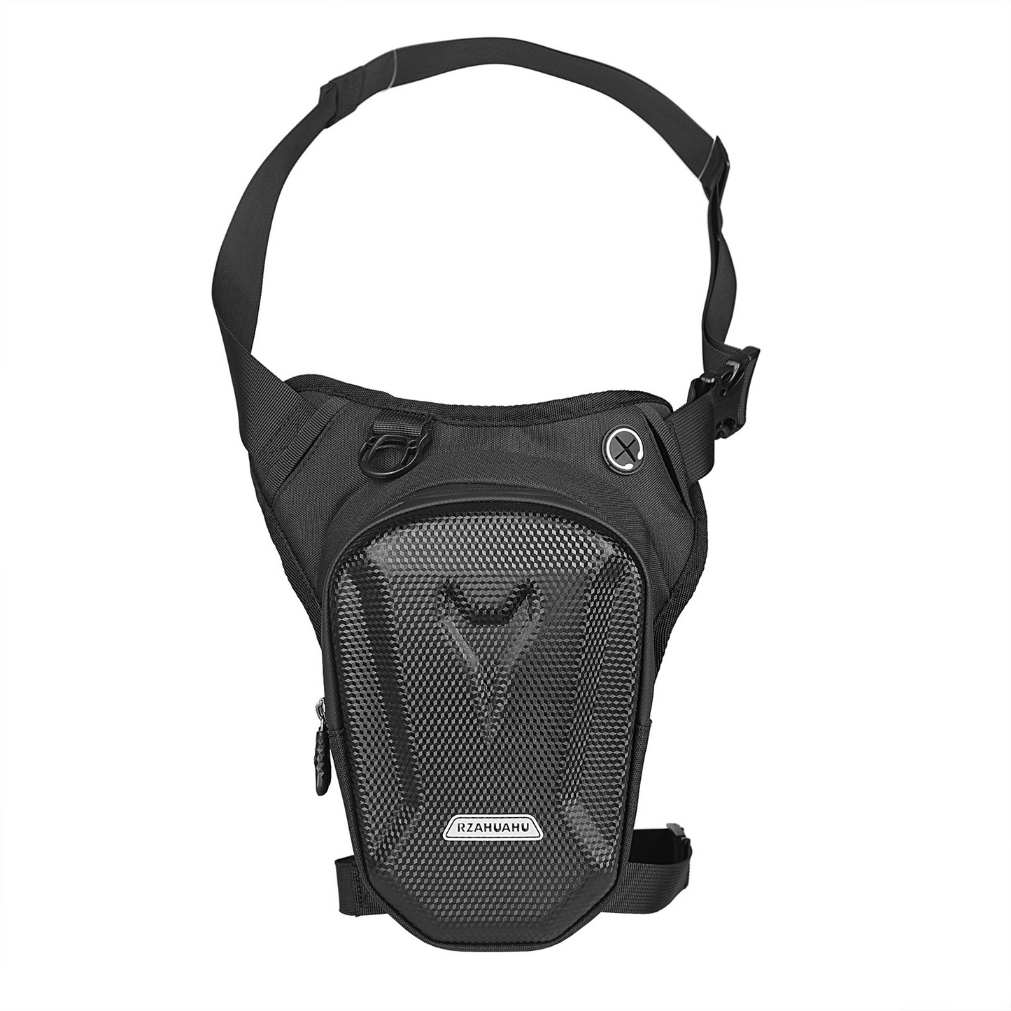 Front view of EasyRide motorcycle leg bag showcasing ergonomic design and adjustable straps.