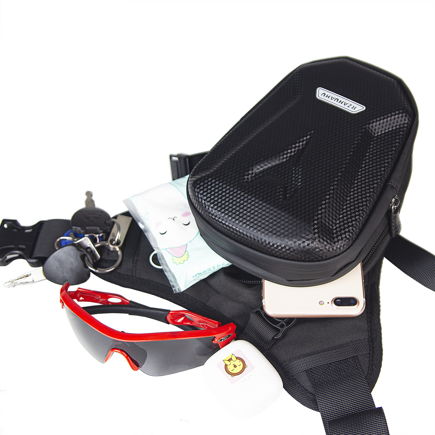Interior view of EasyRide motorcycle leg bag showing multiple compartments for organized storage.