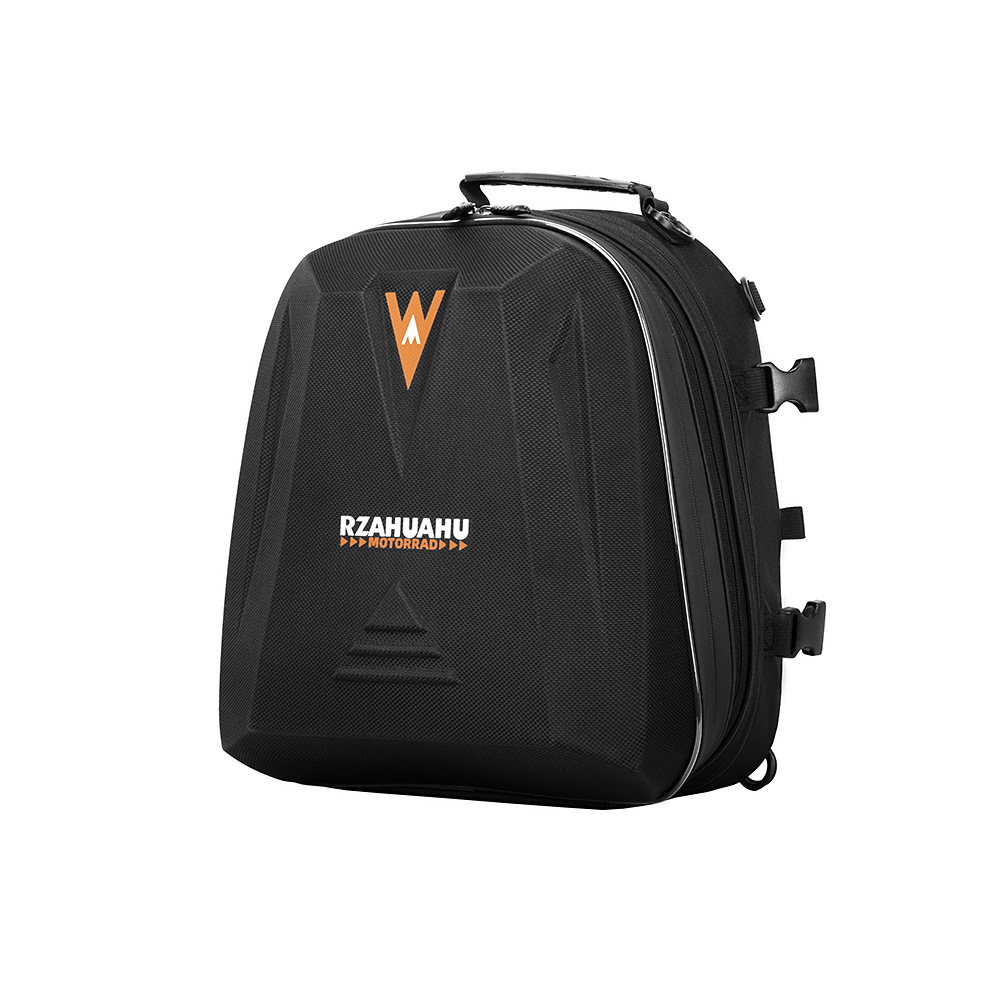 Front view of EasyRide helmet storage motorcycle tail bag in black, showcasing compact and durable design.