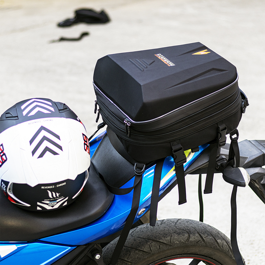 EasyRide helmet storage tail bag securely mounted on motorcycle rear seat with adjustable straps.