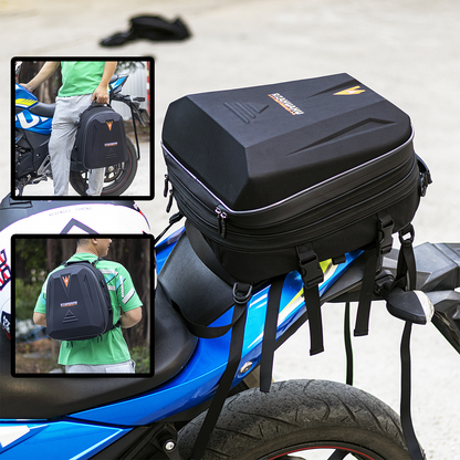 EasyRide helmet storage tail bag shown with detachable straps for versatile carrying options: handheld and backpack style.
