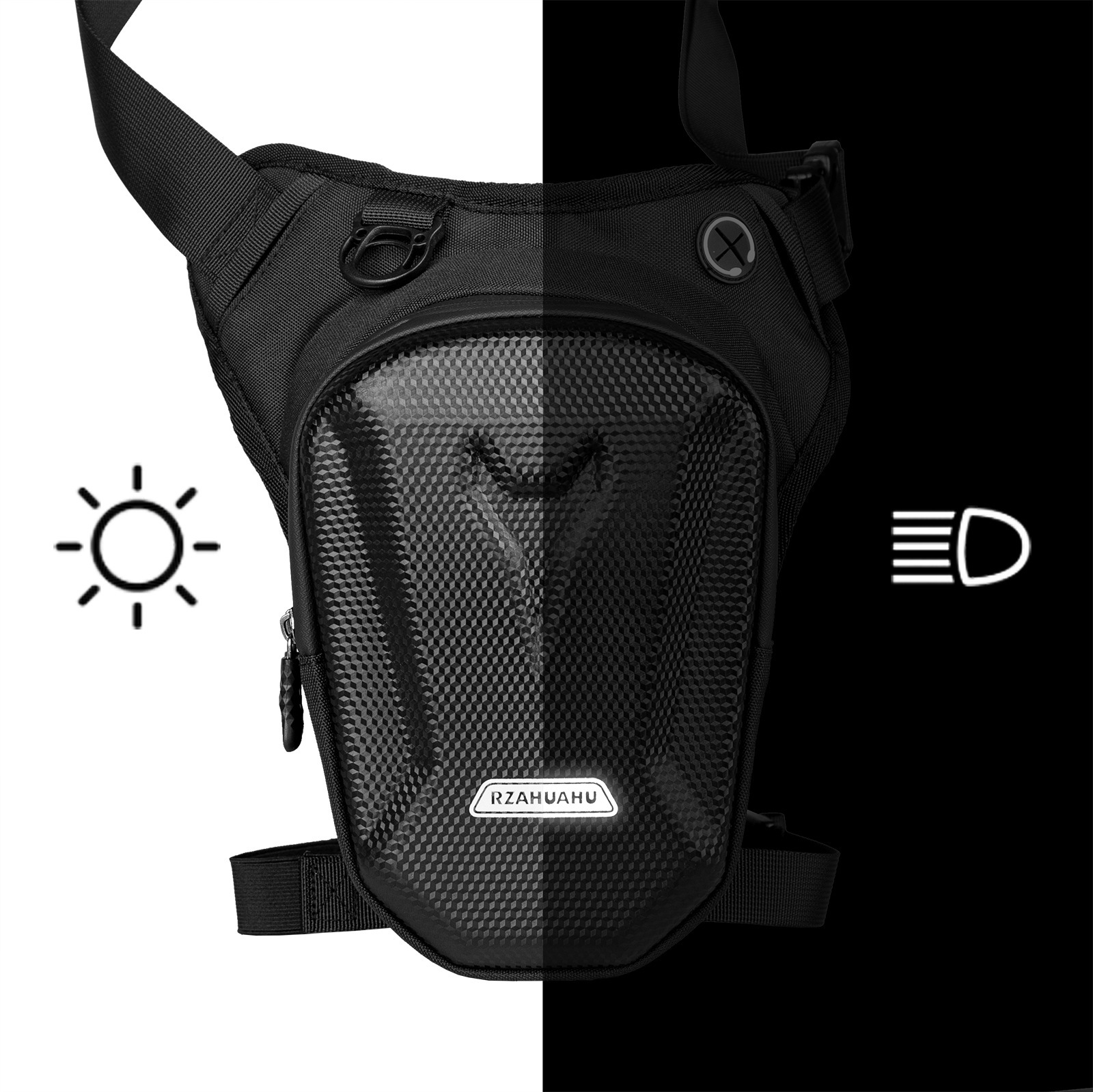 Close-up of EasyRide motorcycle leg bag reflective strips for enhanced visibility and safety during night rides.
