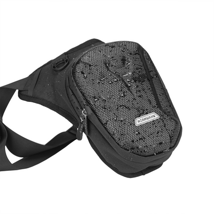 Close-up of EasyRide motorcycle leg bag waterproof material and sealed zippers.