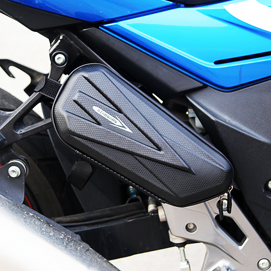 EasyRide motorcycle side bags securely mounted on a motorcycle, demonstrating fit and positioning.