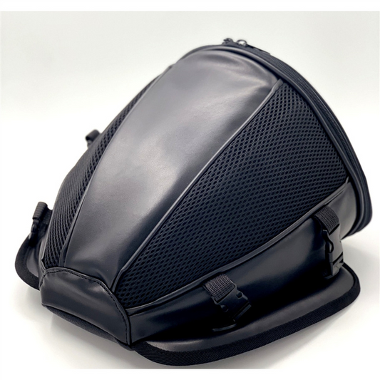 Easyride waterproof PU leather motorcycle tail bag in black – front view showcasing compact design and skull emblem.
