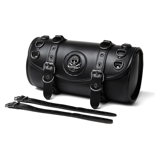 Close-up of skull embossing and metal buckle details on EasyRide PU leather motorcycle tool bag.