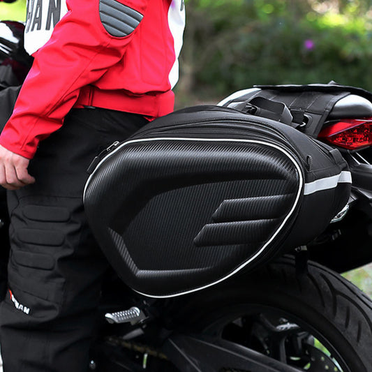 EasyRide waterproof motorcycle saddlebags securely mounted on motorcycle, perfect for long-distance travel.